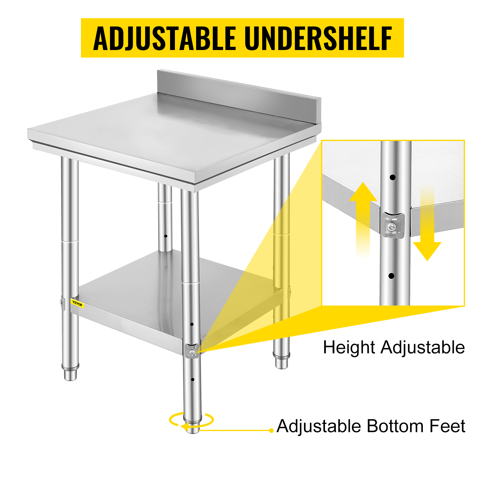 VEVOR stainless steel work table with adjustable undershelf and height-adjustable feet.