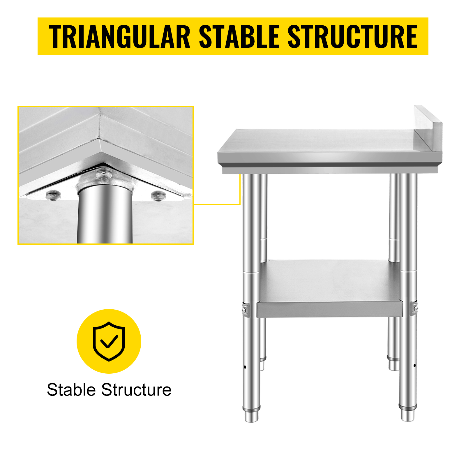 VEVOR stainless steel work table with triangular stable structure and reinforced legs.