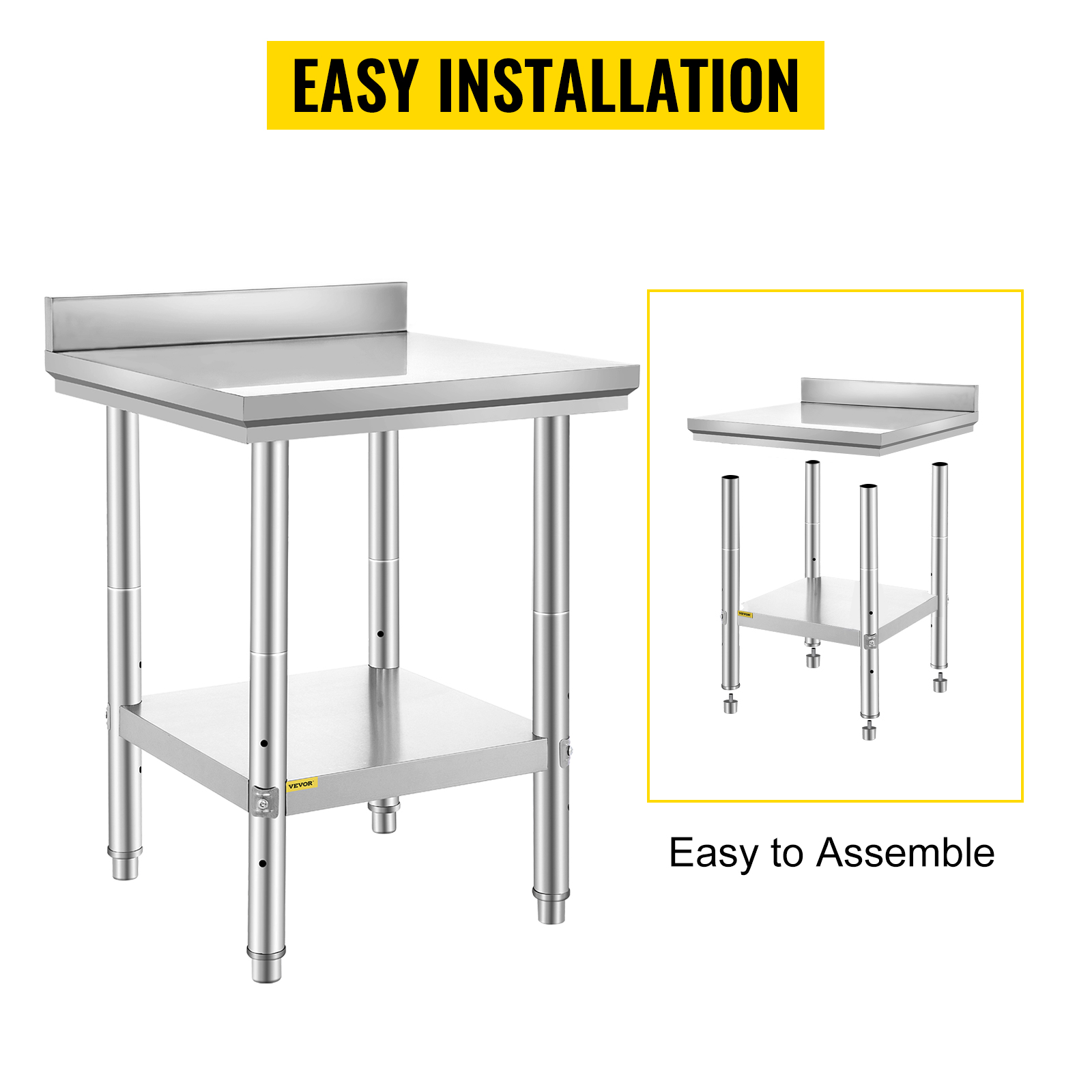 VEVOR stainless steel work table with adjustable shelf, easy installation.