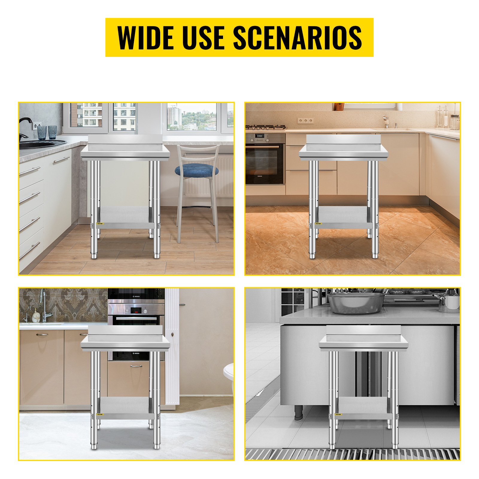 VEVOR stainless steel work table in different kitchen settings for versatile use.