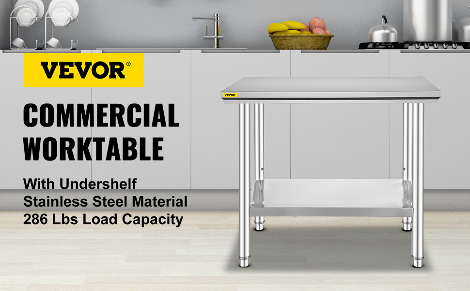 VEVOR stainless steel prep table with undershelf in a modern kitchen, 286 lbs capacity.
