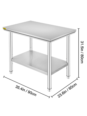 VEVOR stainless steel prep table with measurements, 35.4in x 23.6in x 31.5in.