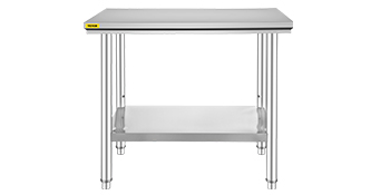 VEVOR stainless steel prep table with lower shelf and sturdy tubular legs.