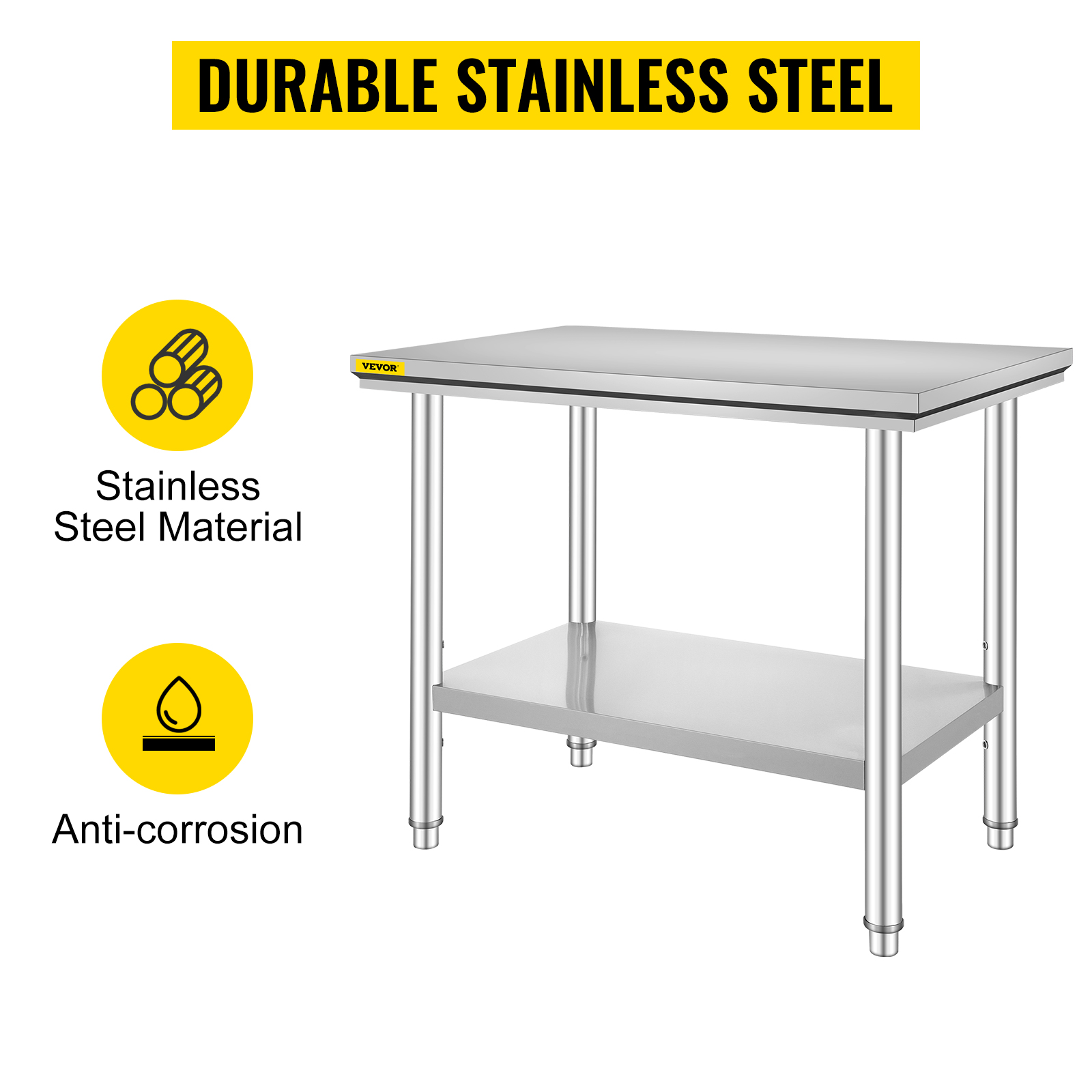 VEVOR stainless steel prep table, anti-corrosion, durable material.