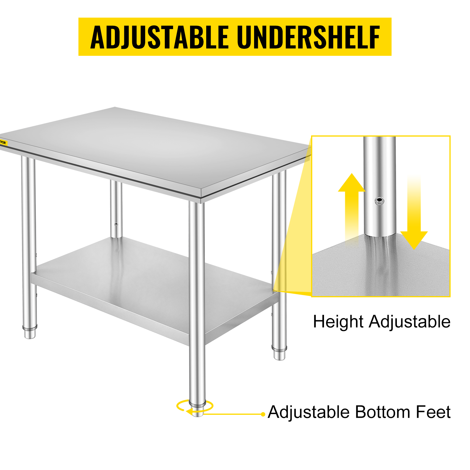 VEVOR stainless steel prep table with adjustable undershelf and adjustable bottom feet.
