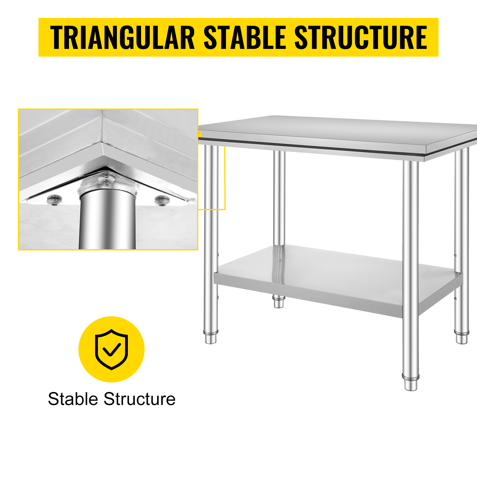 VEVOR stainless steel prep table with triangular stable structure for stability.