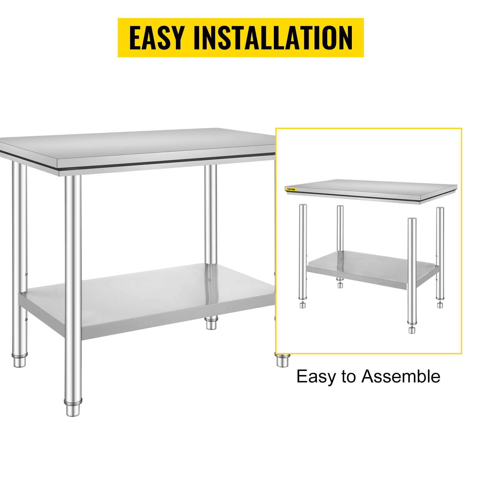 VEVOR stainless steel prep table with easy installation and assembly.