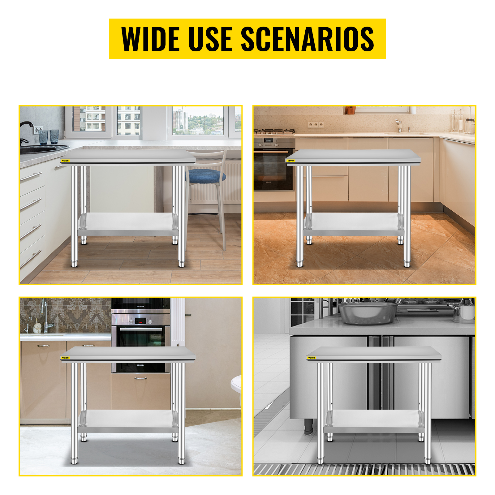 VEVOR stainless steel prep table in various kitchen settings, showcasing versatility