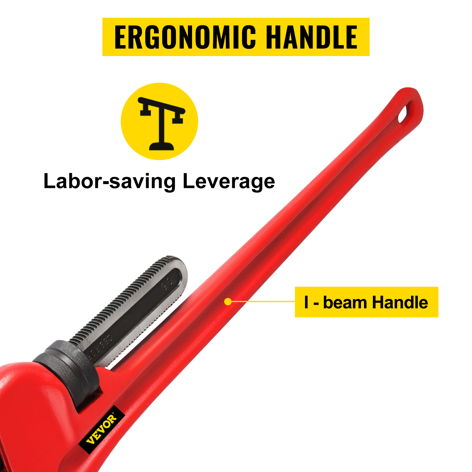 VEVOR cauruļu uzgriežņu atslēga ar ergonomisku i-veida rokturi un darbu taupošu sviru.