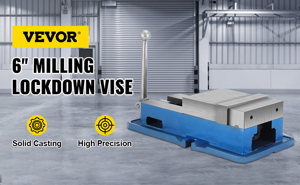 VEVOR milling vise in industrial setting, 6-inch lockdown with solid casting and high precision.