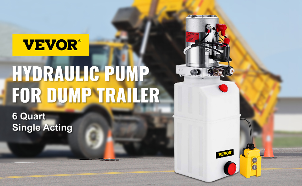 VEVOR hydraulic power unit for dump trailer with a 6 quart single acting pump in the foreground.