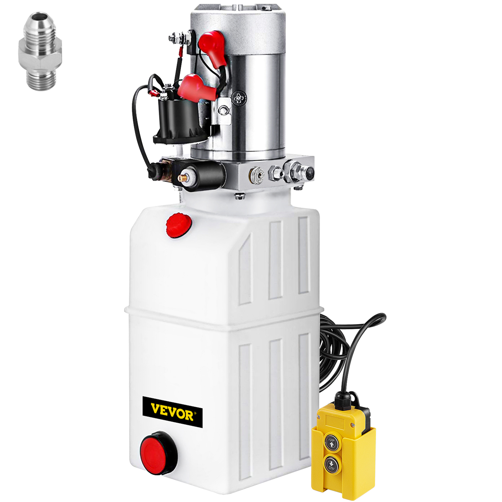 VEVOR hydraulic power unit with white tank, motor, and attached control box.