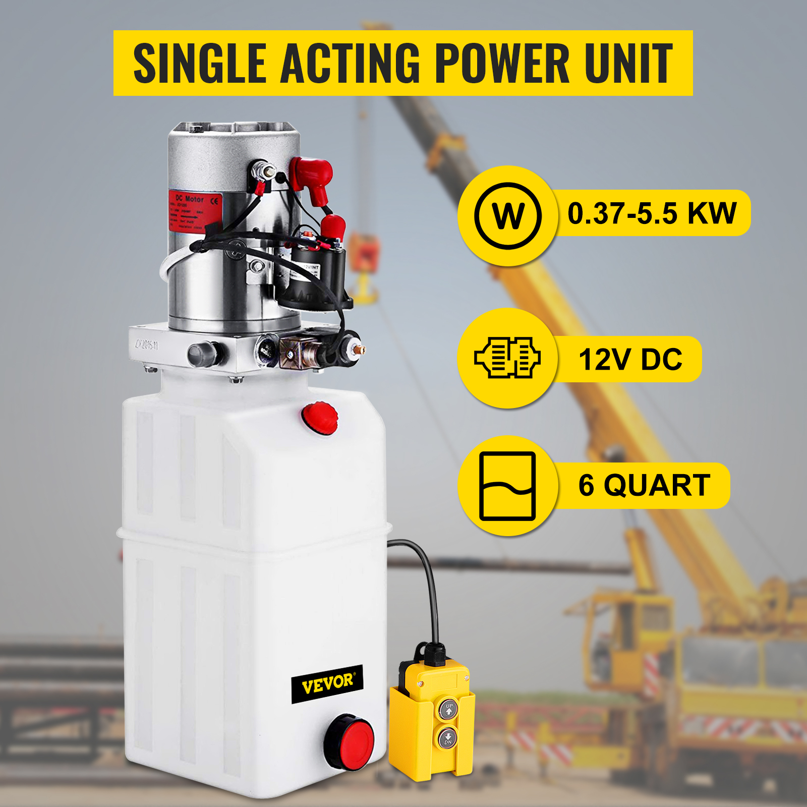 VEVOR hydraulic power unit single acting, 0.37-5.5kw, 12v dc, 6 quart capacity.