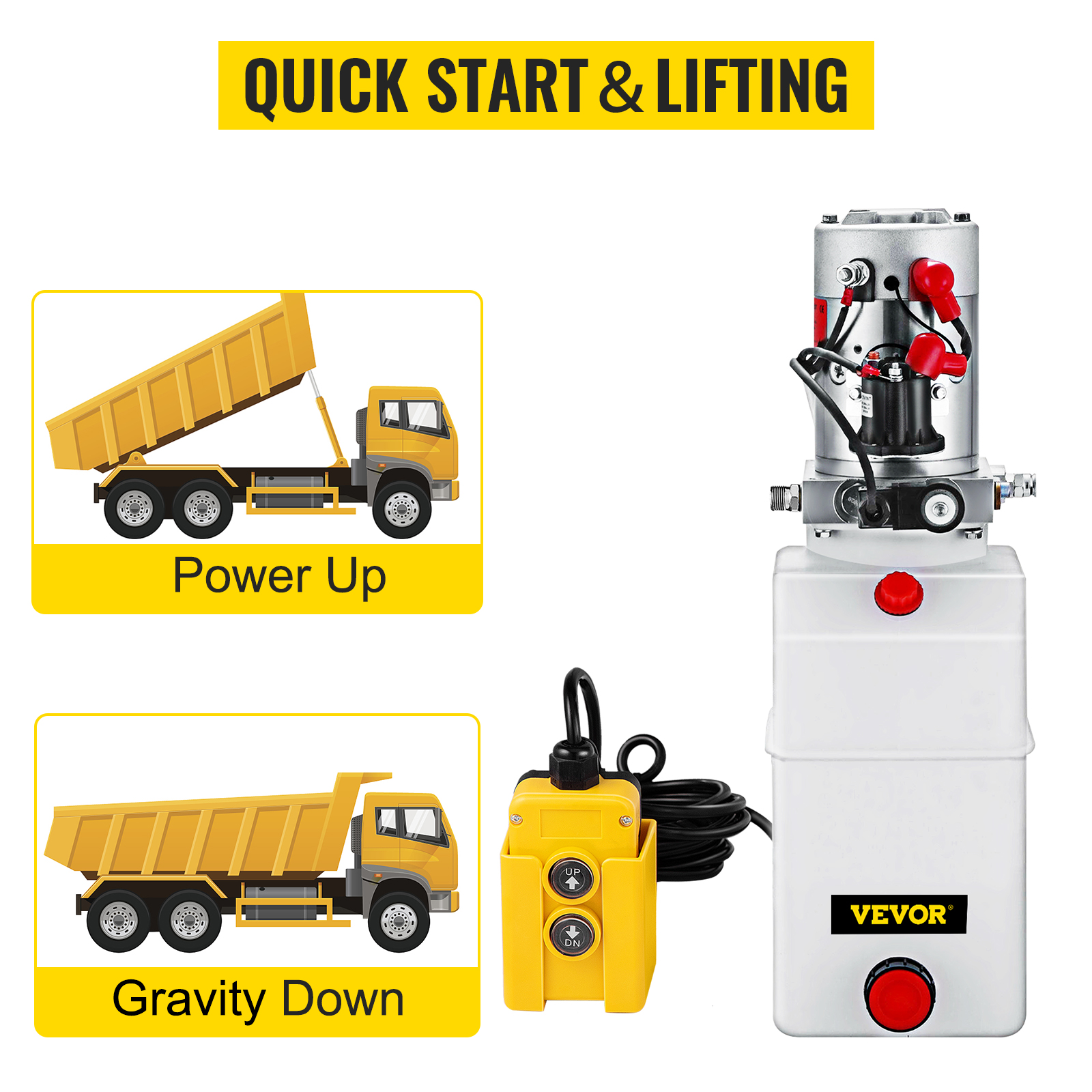 VEVOR hydraulic power unit: quick start, lifting, control box, power up, gravity down.