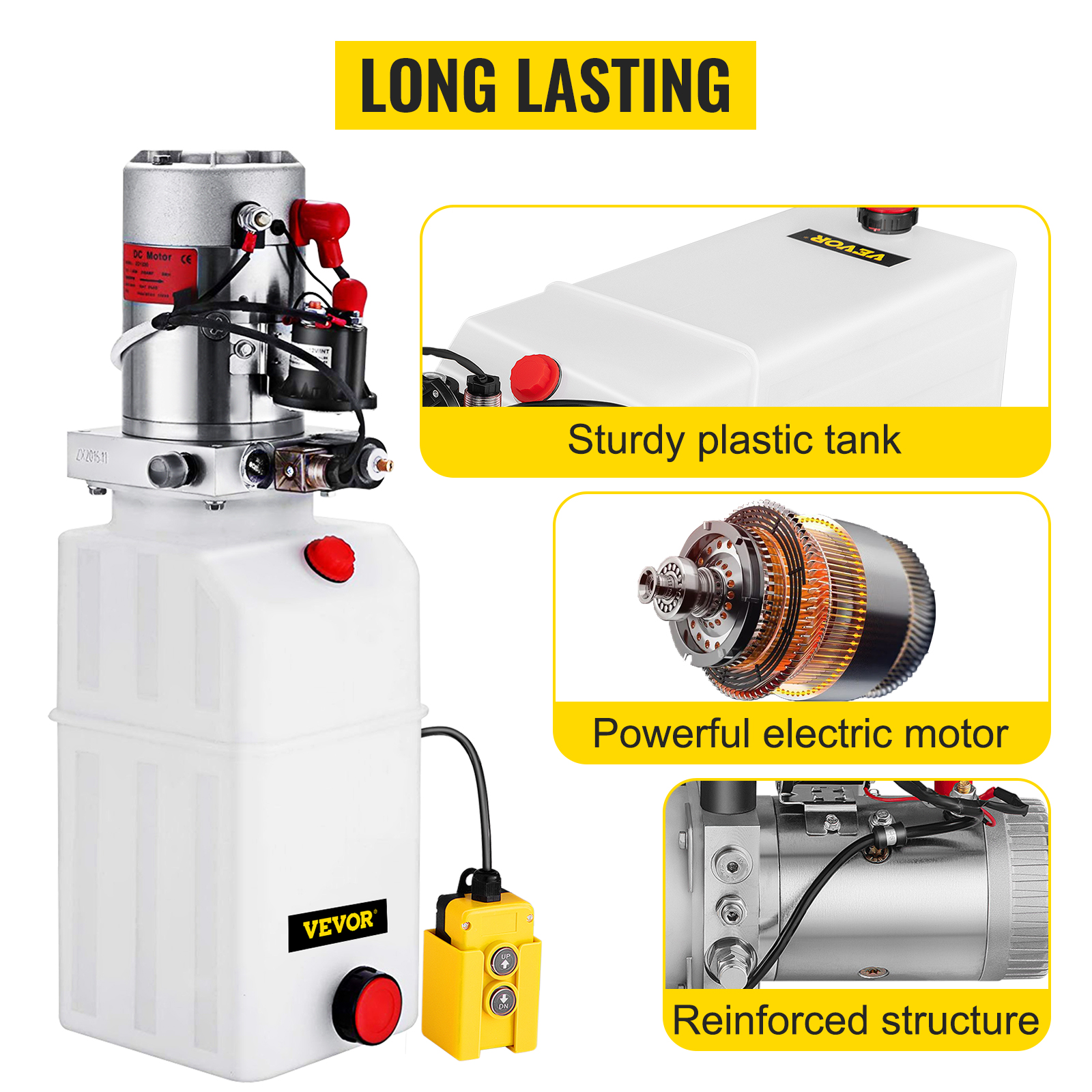 VEVOR hydraulic power unit with a sturdy plastic tank, electric motor, and reinforced structure.