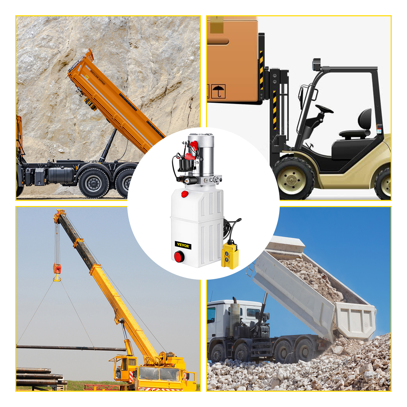 VEVOR hydraulic power unit in action with dump trucks, forklift, and crane.