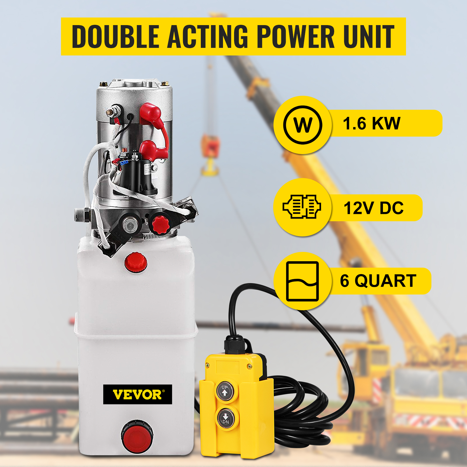VEVOR hydraulic power unit with 1.6kw, 12v dc, 6-quart capacity.
