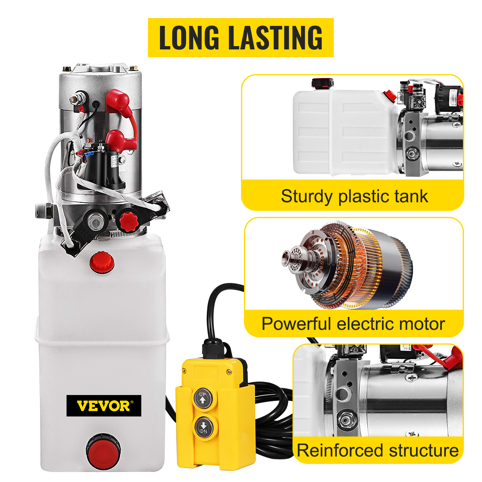 VEVOR hydraulic power unit with sturdy plastic tank, powerful electric motor, and reinforced structure.