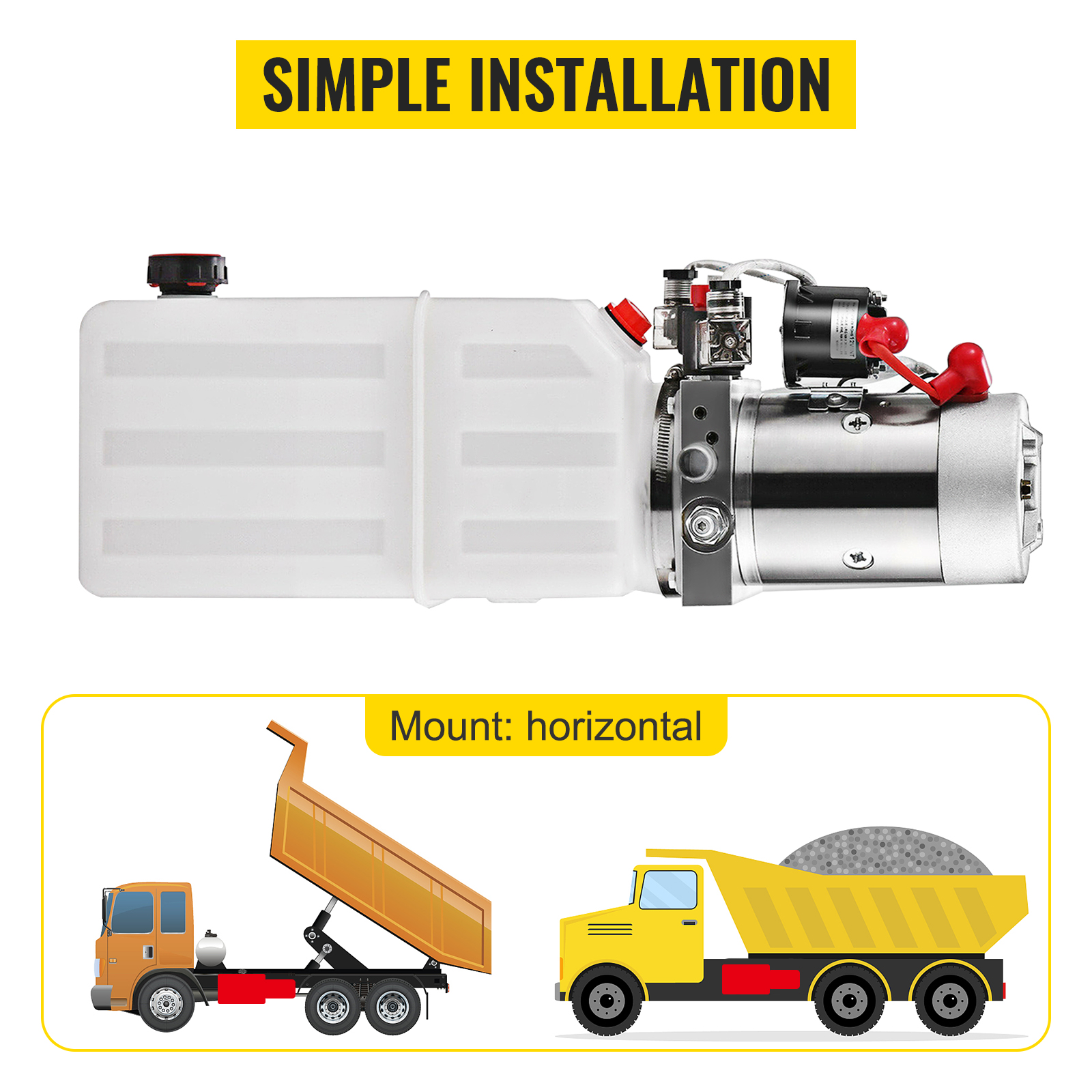 VEVOR hydraulic power unit with simple installation for horizontal mounting on trucks.