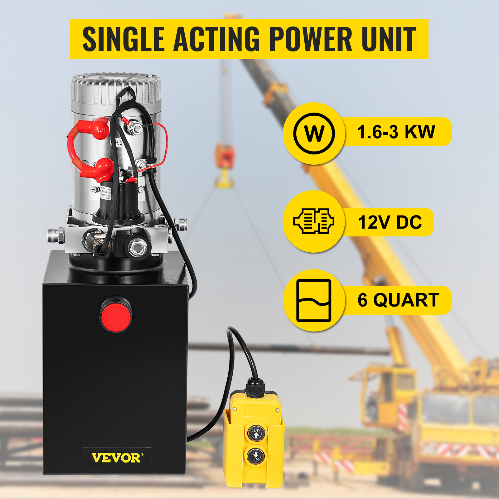 VEVOR hidrauliskais sūknis, vienas darbības spēka bloks, 1,6-3 kw, 12 V līdzstrāvas, 6 kvartu tilpums.