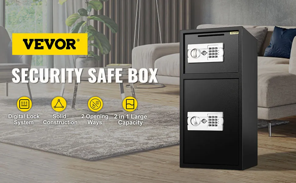 VEVOR security safe box with digital locks in a living room setting.