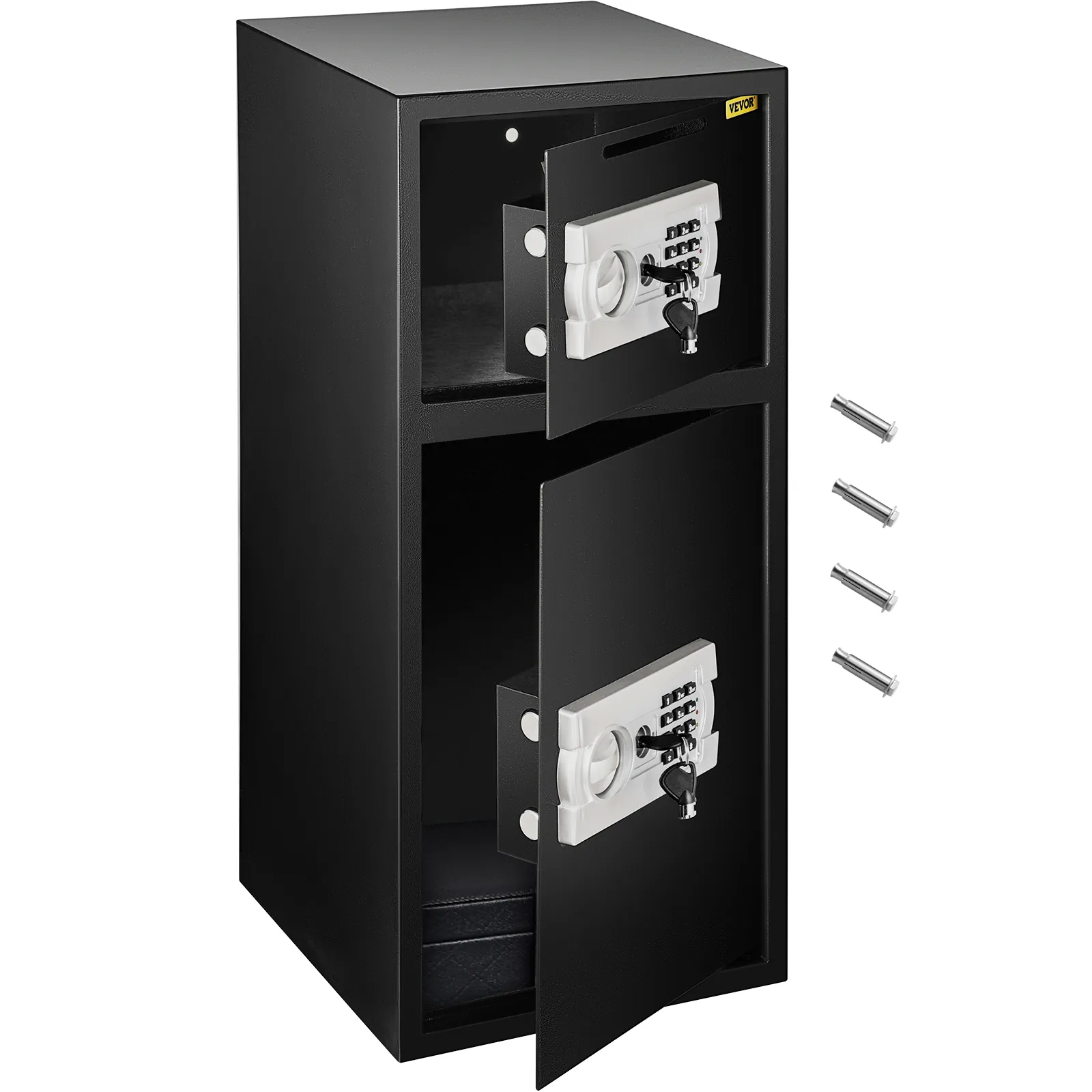 black VEVOR security safe box with dual compartments and numeric keypad locks.