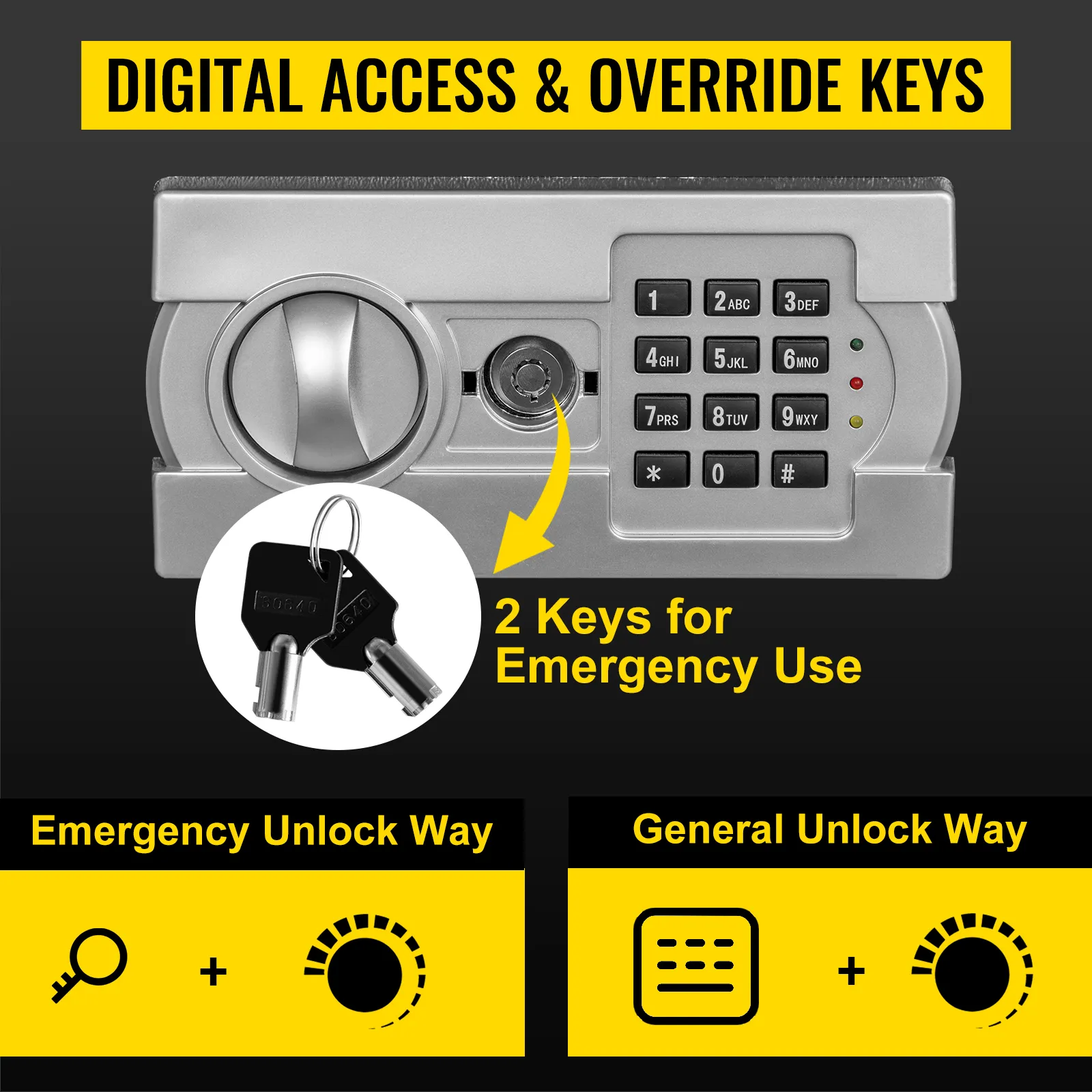 digital access panel of VEVOR security safe box with emergency keys and unlock options.