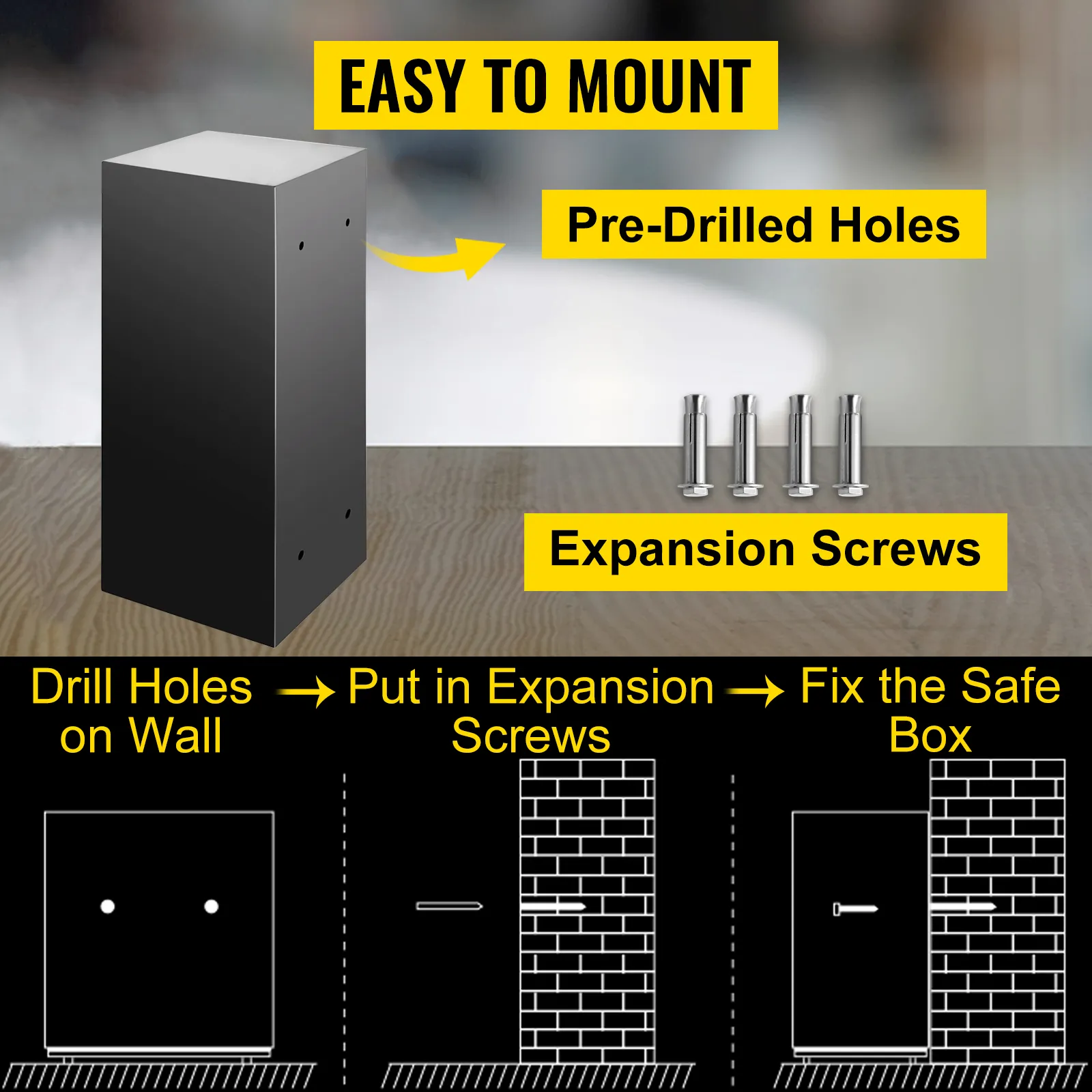VEVOR security safe box with pre-drilled holes and expansion screws for easy mounting.