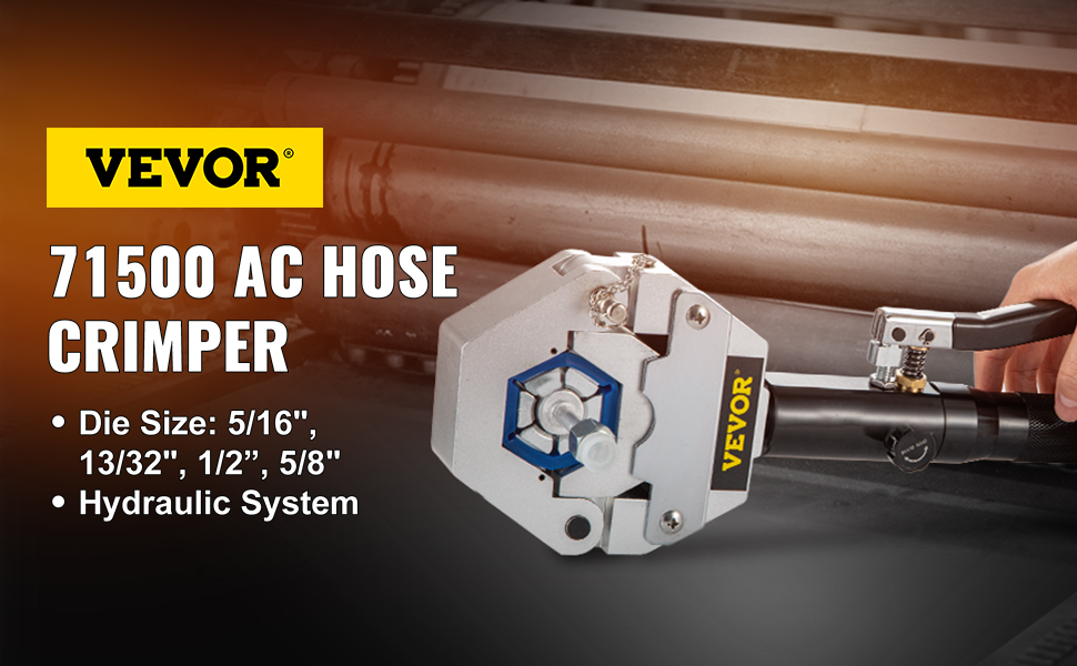 VEVOR hydraulic hose crimper with multiple die sizes displayed in industrial setting.