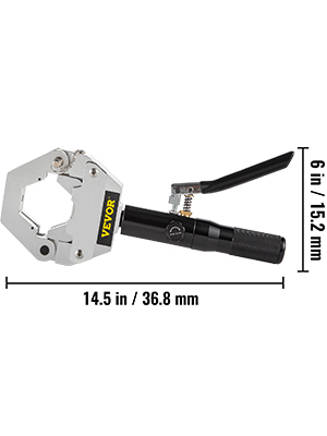 VEVOR hydraulic hose crimper with measurements, 14.5 in / 36.8 mm by 6 in / 152 mm.