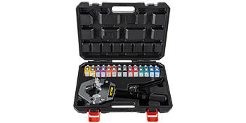 VEVOR hydraulic hose crimper in case with assorted dies and crimping tool.