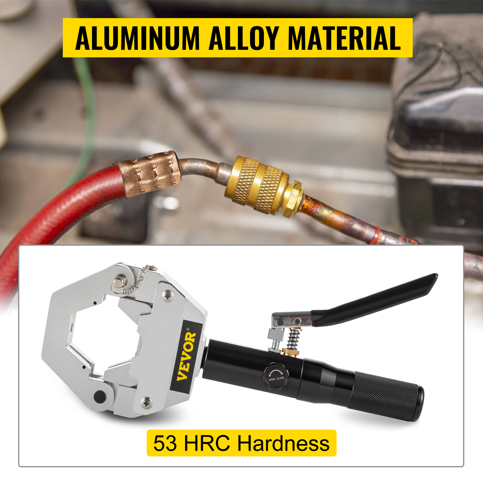 VEVOR hydraulic hose crimper with aluminum alloy body and 53 hrc hardness.