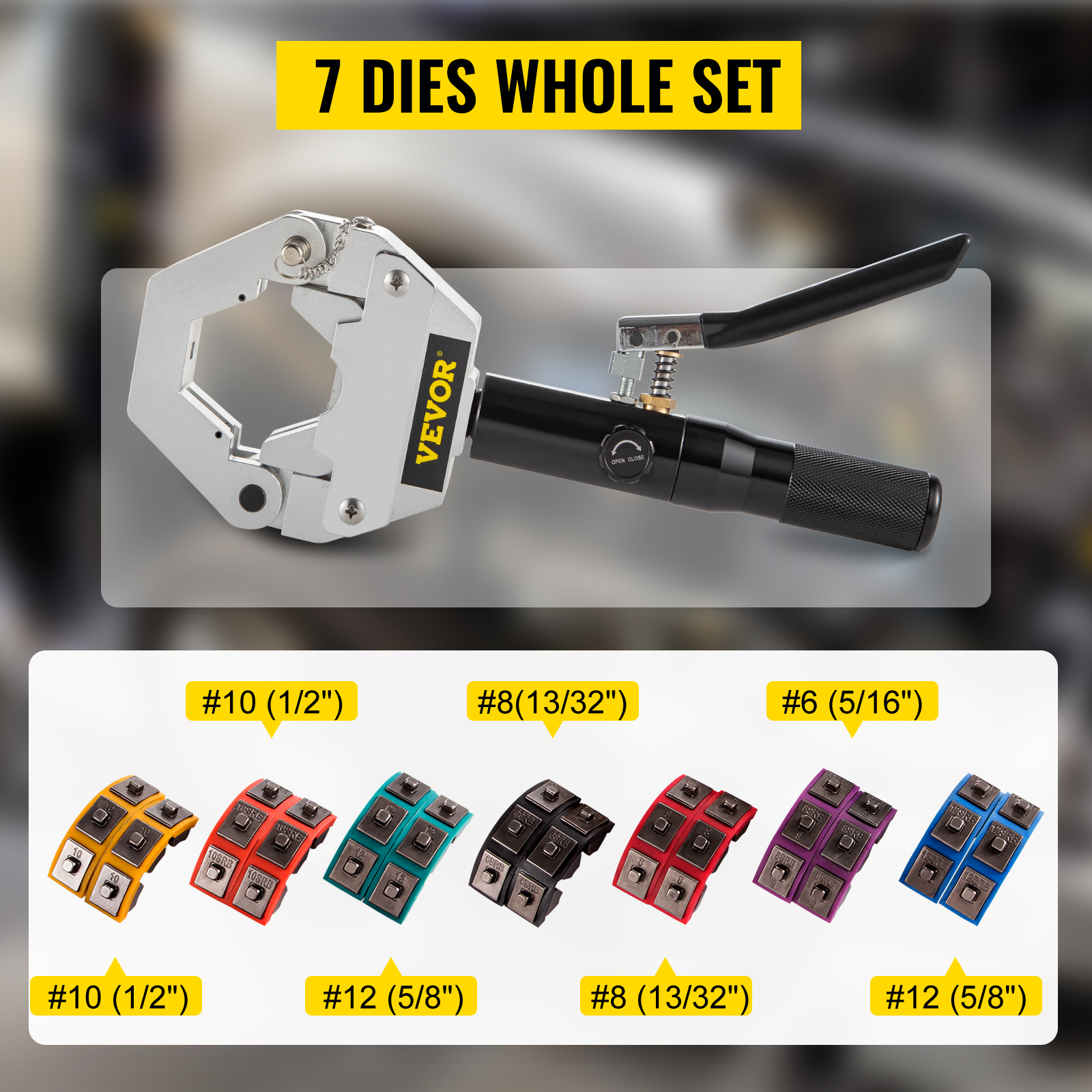 VEVOR hydraulic hose crimper with 7 interchangeable dies in assorted colors.