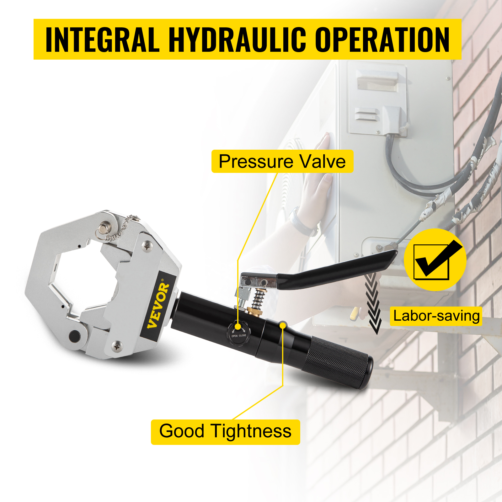 VEVOR hydraulic hose crimper with integrated hydraulic operation for labor-saving use.