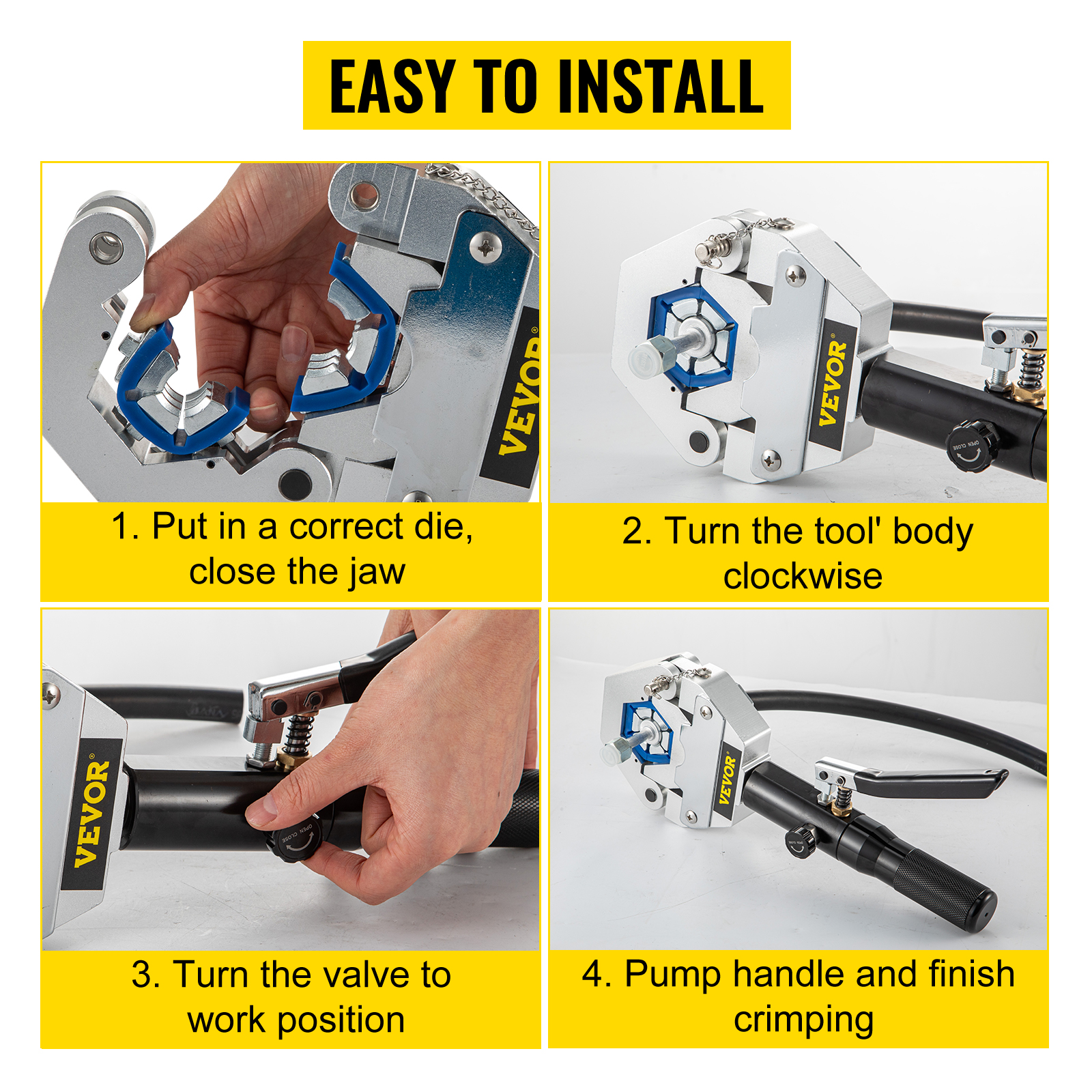 VEVOR hydraulic hose crimper step-by-step installation guide with hand using the tool.