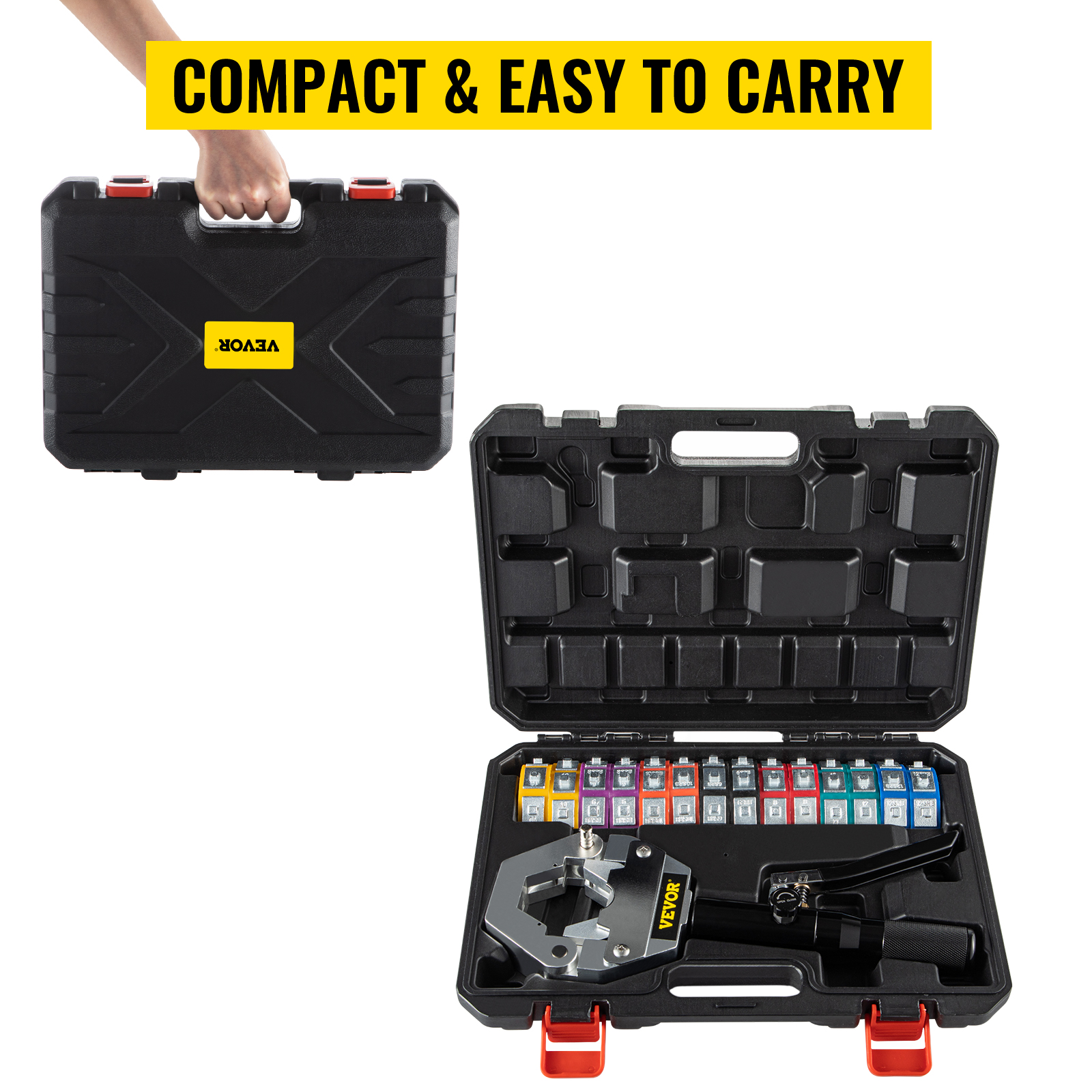VEVOR hydraulic hose crimper with compact, easy-to-carry black case.