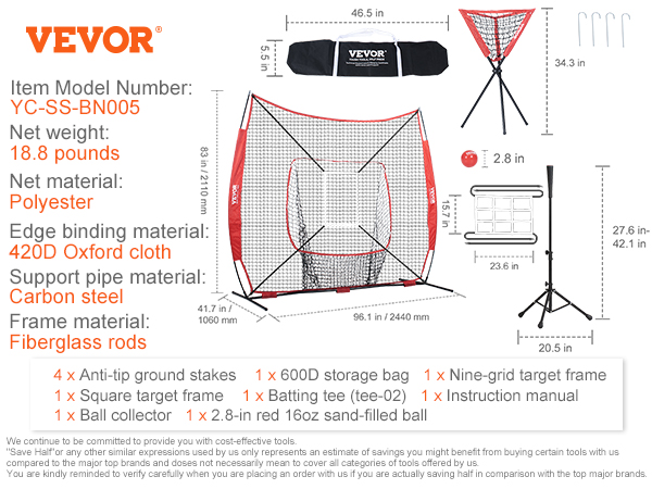 VEVOR baseball softball practice net set with ground stakes, batting tee, and storage bag.