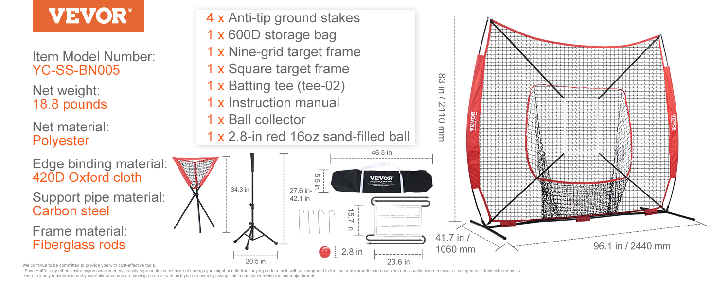 VEVOR baseball softball practice net set with ground stakes, batting tee, and storage bag.