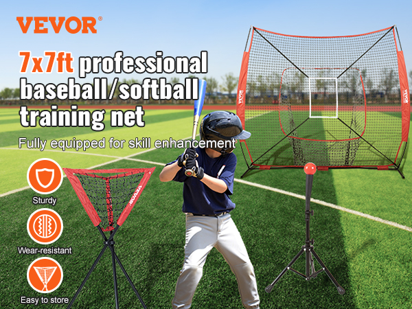 VEVOR baseball softball practice net 7x7ft, sturdy and wear-resistant, perfect for training skills.