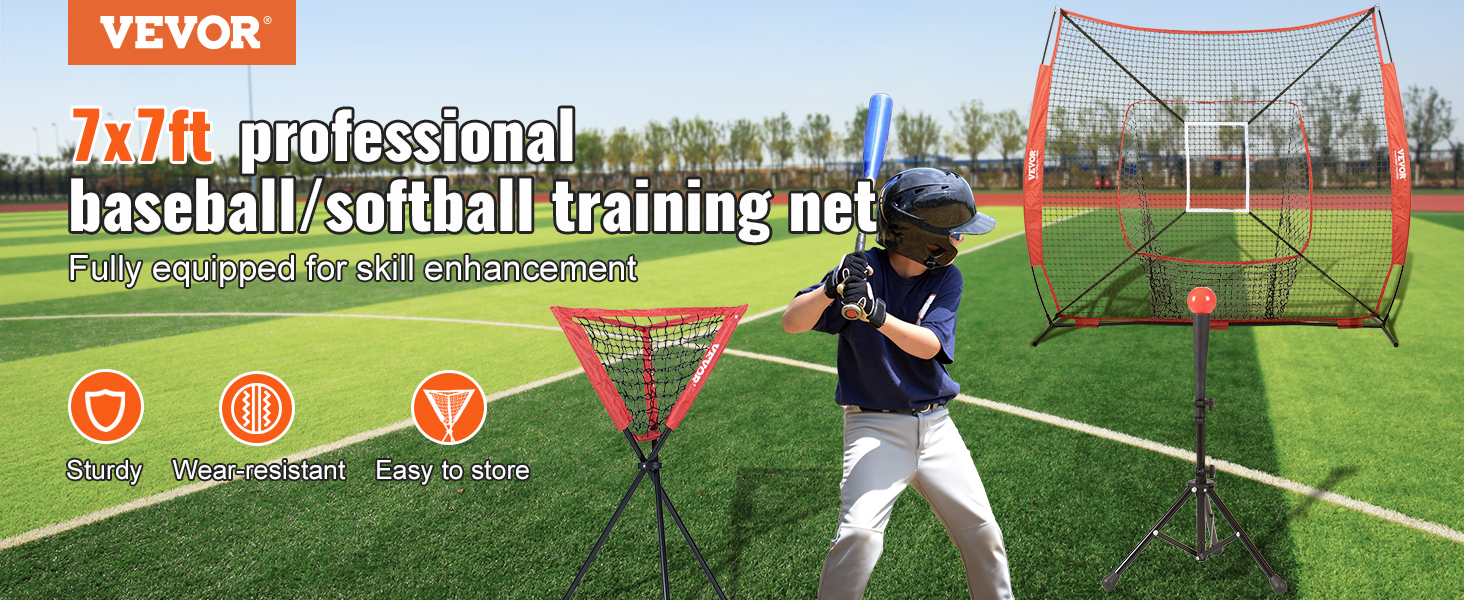 VEVOR baseball softball practice net 7x7ft, sturdy and wear-resistant, perfect for training skills.