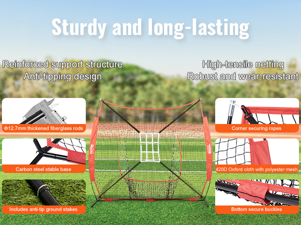 VEVOR baseball softball practice net with reinforced structure, high-tensile netting, and fiberglass rods.
