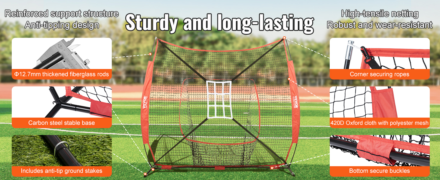 VEVOR baseball softball practice net with reinforced structure, high-tensile netting, and fiberglass rods.