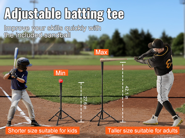adjustable batting tee for kids and adults, with included sandball, at a baseball field.