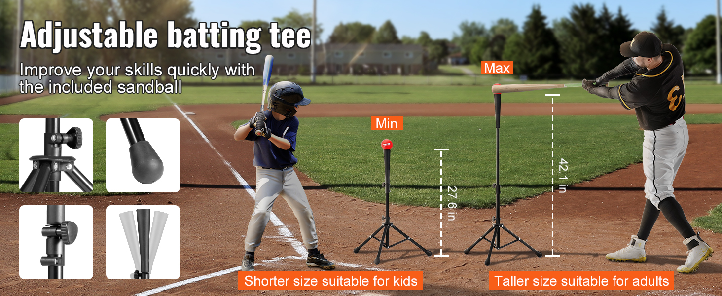 adjustable batting tee for kids and adults, with included sandball, at a baseball field.