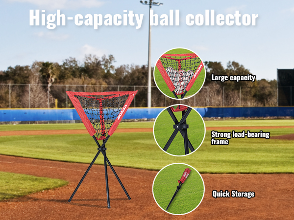 VEVOR baseball softball practice net on a field, large capacity, strong load-bearing frame, quick storage.