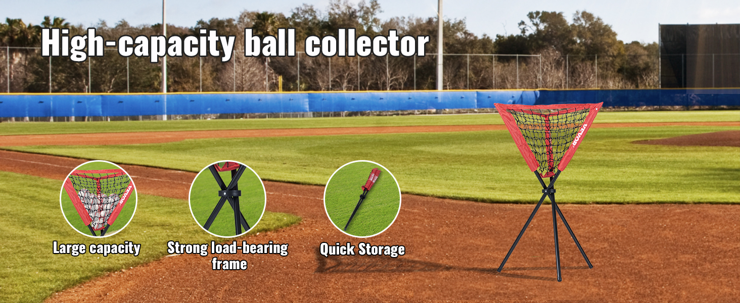VEVOR baseball softball practice net on a field, large capacity, strong load-bearing frame, quick storage.
