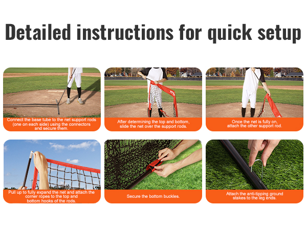 detailed instructions for quick setup of VEVOR baseball softball practice net on a baseball field.