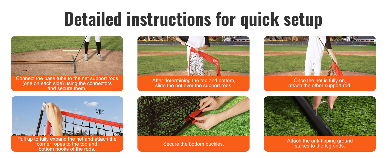 detailed instructions for quick setup of VEVOR baseball softball practice net on a baseball field.