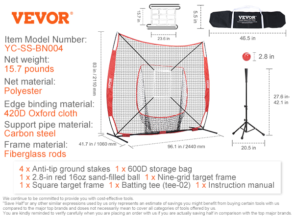 VEVOR baseball practice net with 420d oxford cloth, carbon steel support, and fiberglass rod frame.