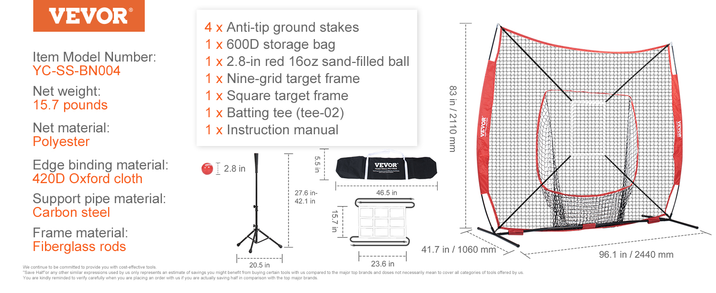 VEVOR baseball practice net with 420d oxford cloth, carbon steel support, and fiberglass rod frame.